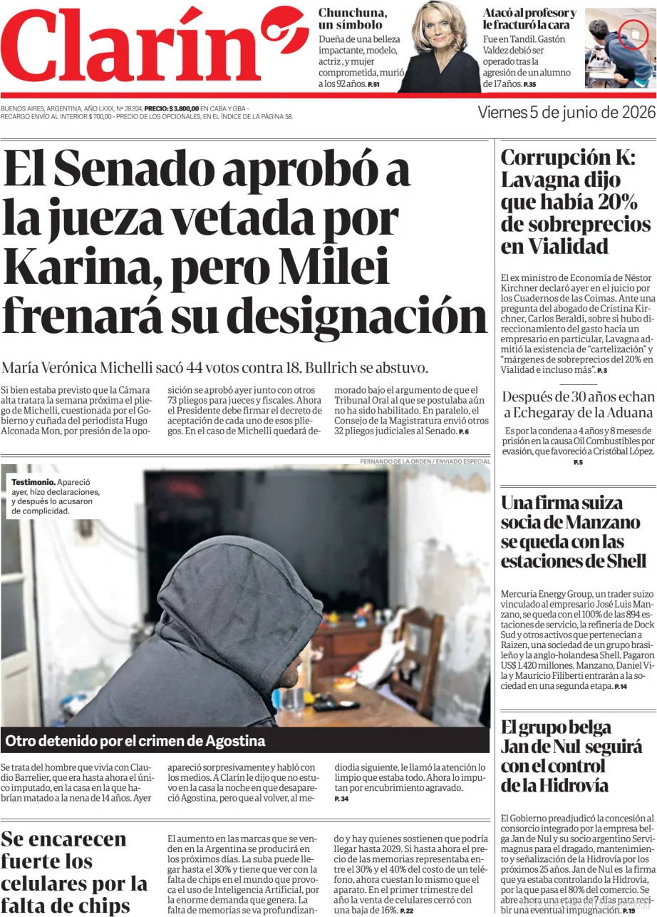 Tapa de hoy del diario Clarín,  5 junio 2026