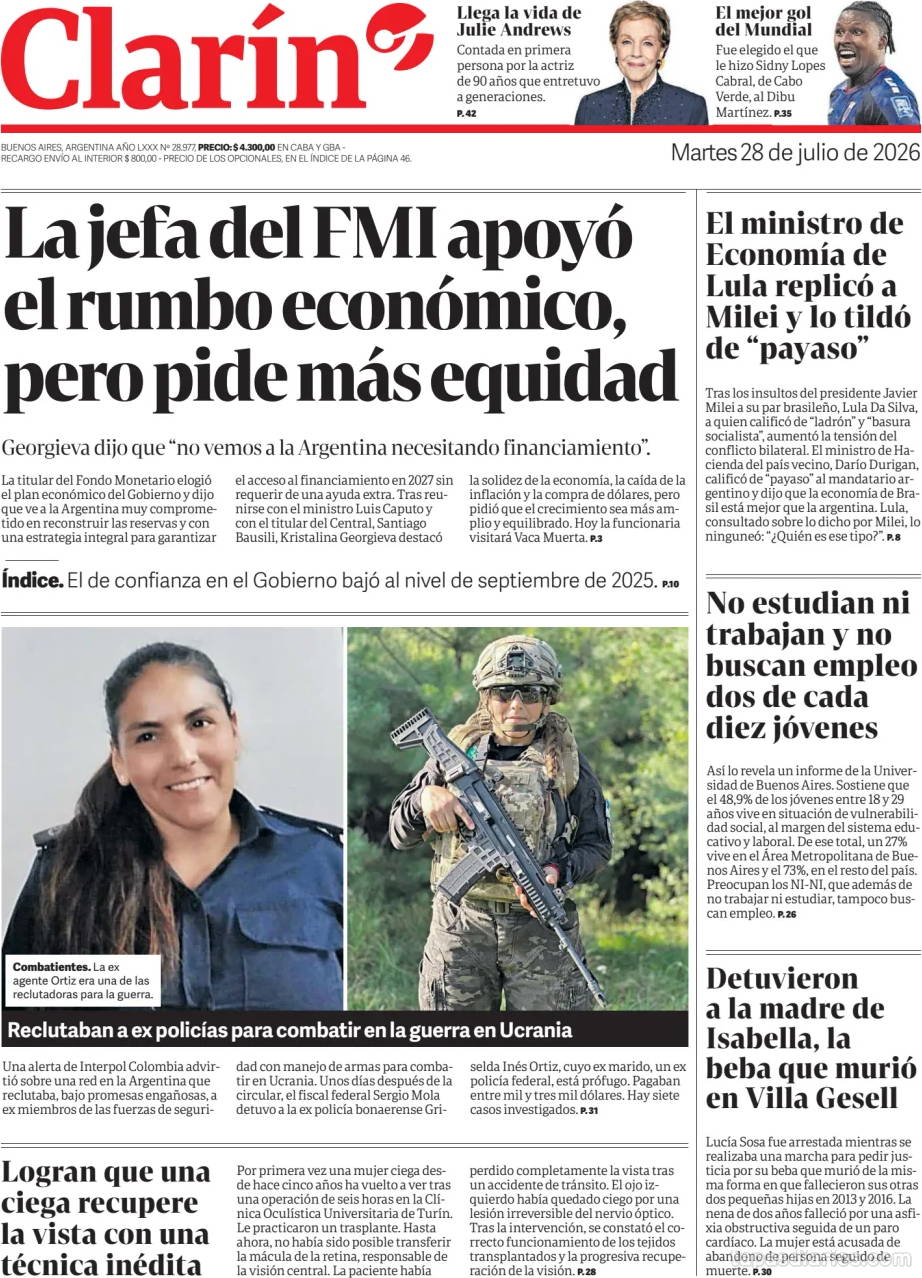 Tapa de hoy del diario Clarín, 28 julio 2026