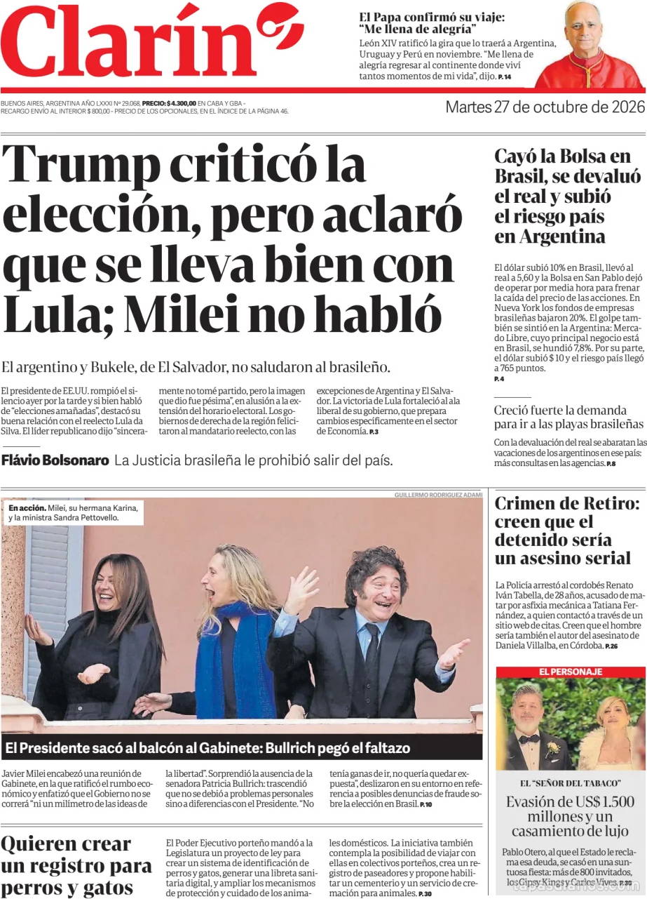 Tapa de hoy del diario Clarín, 27 octubre 2026