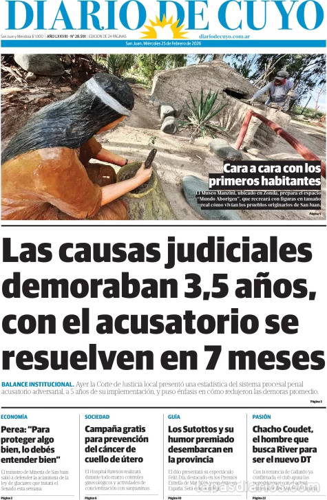 Tapa de hoy del Diario de Cuyo, 25 febrero 2026