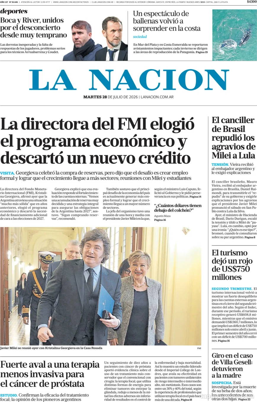 Tapa de hoy del diario La Nacion, 28 julio 2026