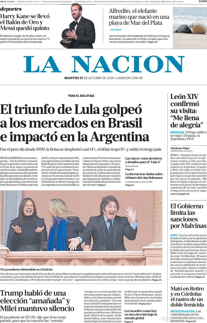 Tapa de hoy del diario La Nacion, 27 octubre 2026