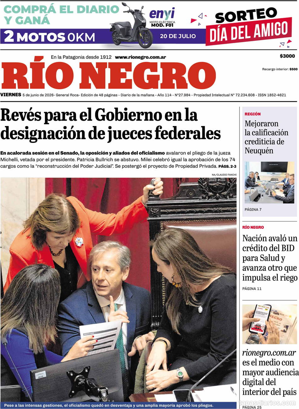 Tapa de hoy del diario Río Negro,  5 junio 2026
