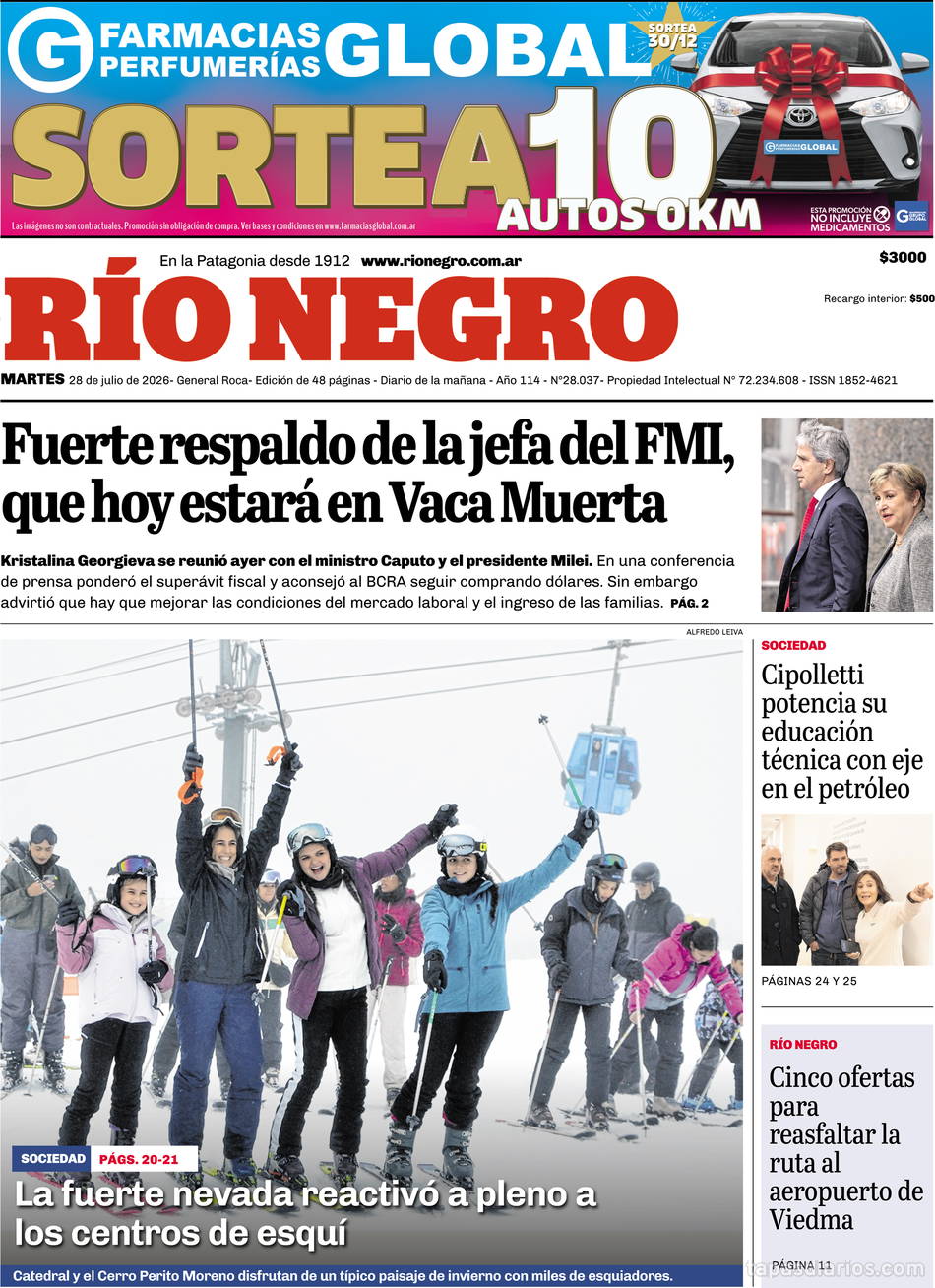 Tapa de hoy del diario Río Negro, 28 julio 2026