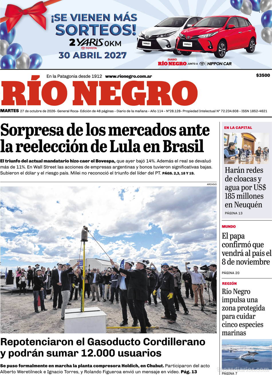 Tapa de hoy del diario Río Negro, 27 octubre 2026